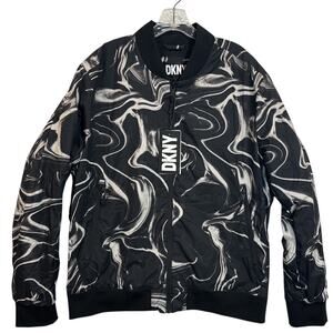DKNY Men’s XL Marble Print Bomber Jacket Black Water Resistant Zip NWT